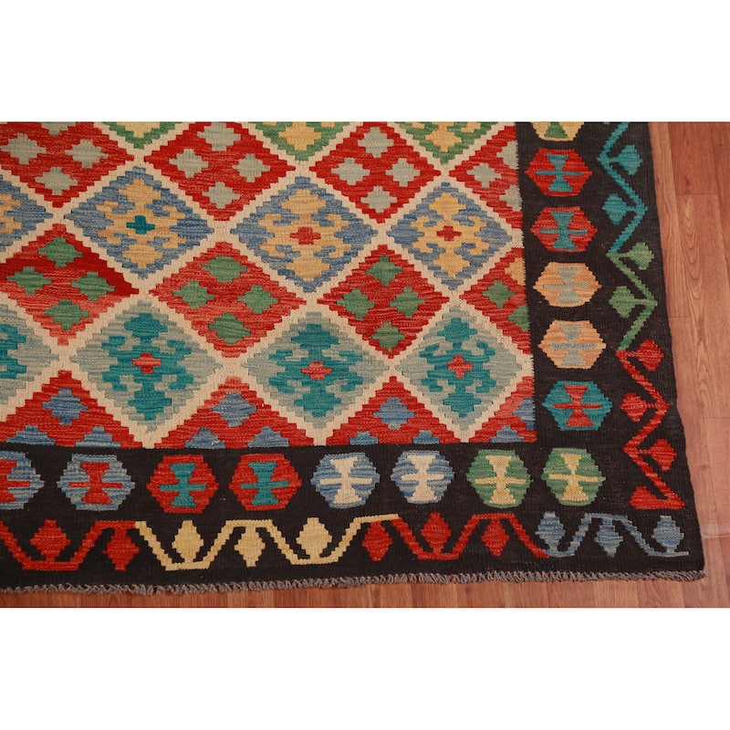 Reversible Trellis Kilim Oriental Area Rug Flatweave Wool Carpet - 8'7"x 11'2"
