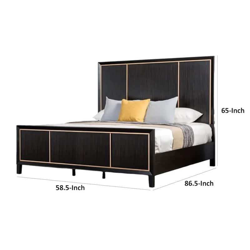 Yada Queen Bed w Gold Trim Accents, Tapered Legs, Espresso Brown Wood