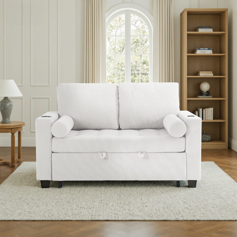 Corduroy Convertible Loveseat Sofa Bed Recliner with Cup Holder, USB Ports