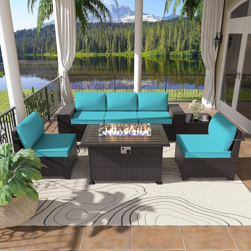 Delnavik 7 Pieces Rattan Outdoor Patio Furniture Sofa Set with Firepit - 7 pcs - Turquoise