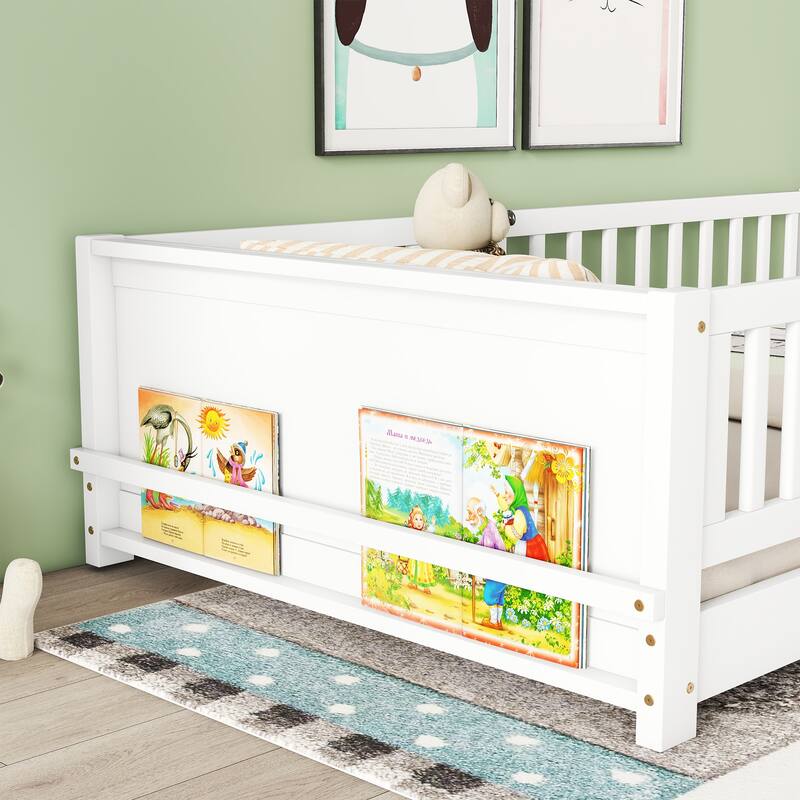 GDFStudio - Kensington Twin Floor Platform Bed with Built-in Book Storage Rack and Guardrails