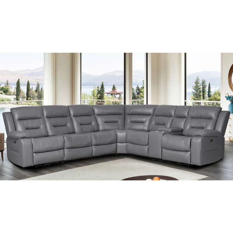 119'' Faux Leather Power Recliner 6-Seat Large Sectional Reclining Sofa with USB Port - Grey(6St+1Console)