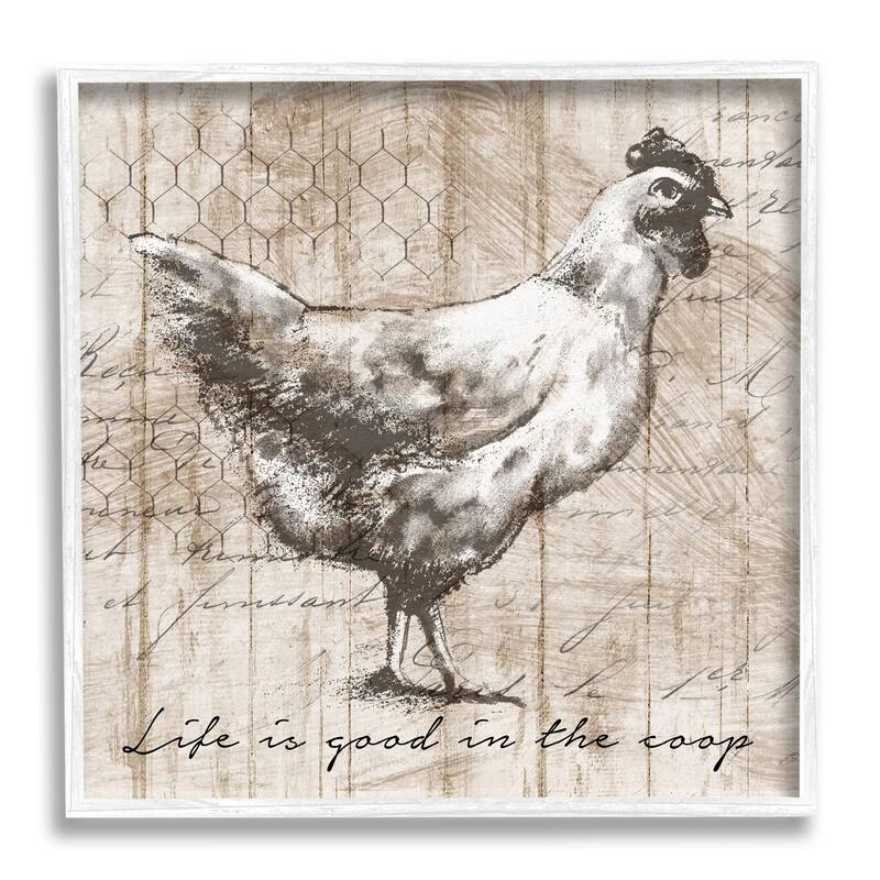 Stupell Life's Good In Coop Vintage Text Farm Chicken Framed Wall Art - Beige - 24 x 24 - White