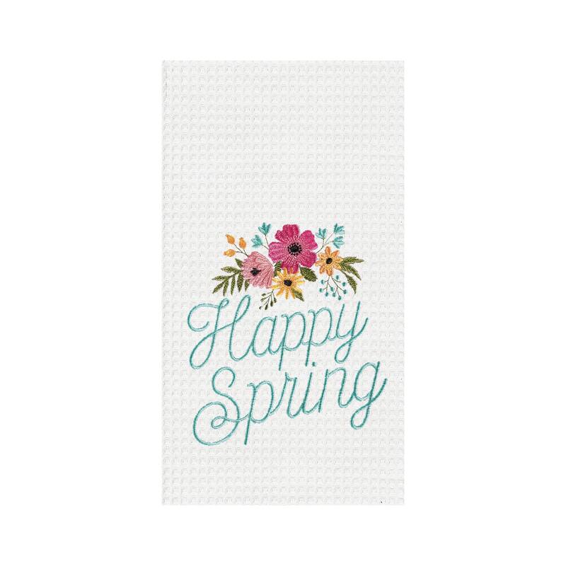"Happy Spring" Embroidered Waffle Weave Kitchen Dishtowel