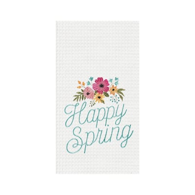 "Happy Spring" Embroidered Waffle Weave Kitchen Dishtowel