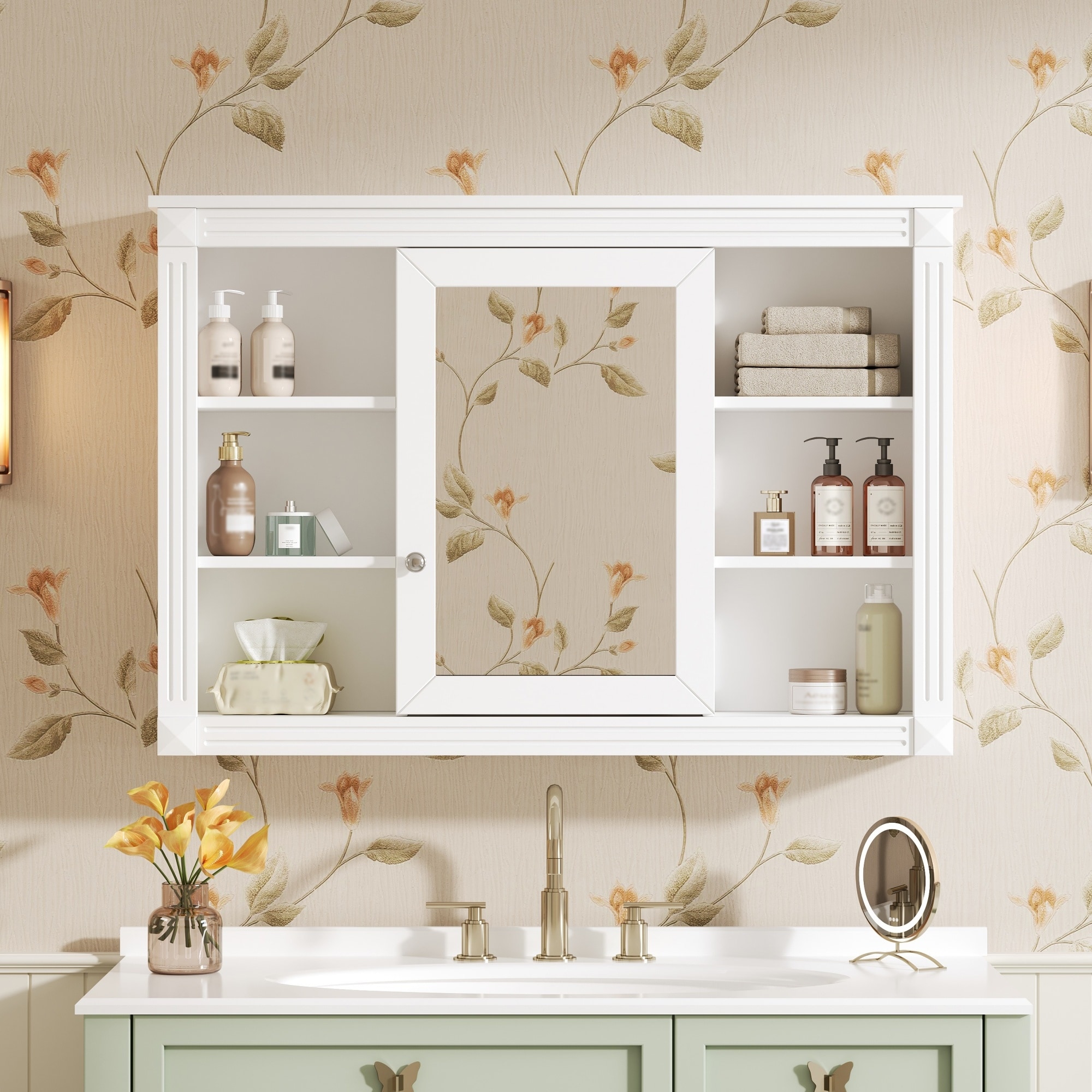 42" Wall-Mounted Bathroom Cabinet – Modern Medicine Cabinet with Mirror & 6 Open Shelves‌. - 42''