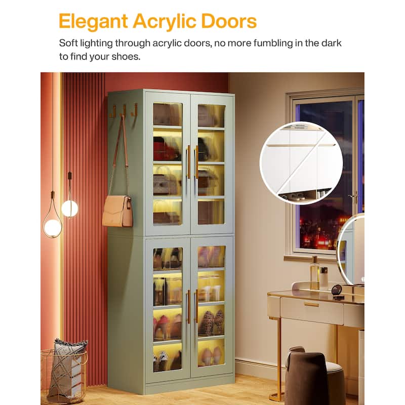 Modern Tall Entryway Shoe Storage Cabinet with Acrylic Doors and LED Light - 8-Tier
