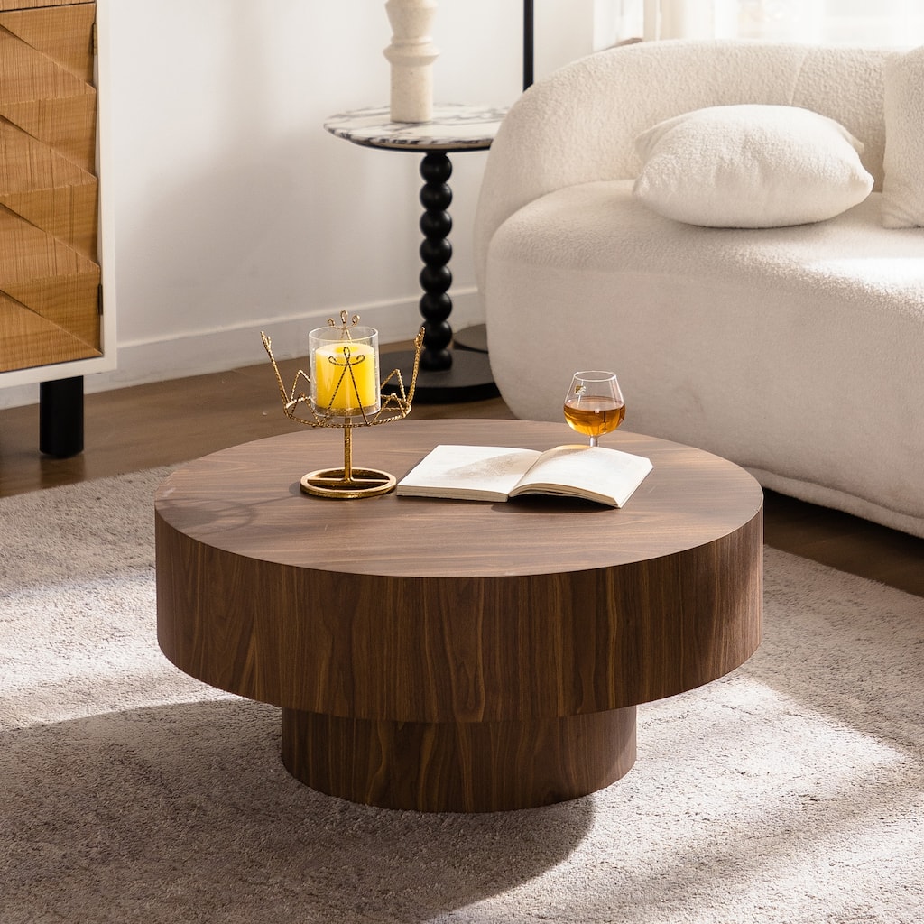 GDFStudio - Modern Round Walnut Coffee Table with Pedestal Base