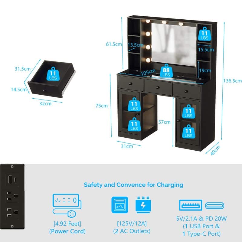 Particle Board Veneered 3 Drawers 2 Glass Doors Left and Right 2-tier Shelves Glass Tabletop Dressing Table - N/A