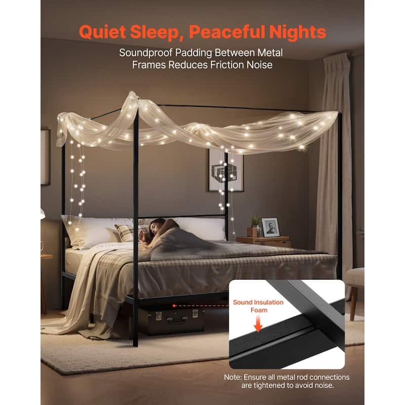 Modern Black Metal Canopy Bed Frame with 12.4 Inch Storage Clearance and Strong Weight Support