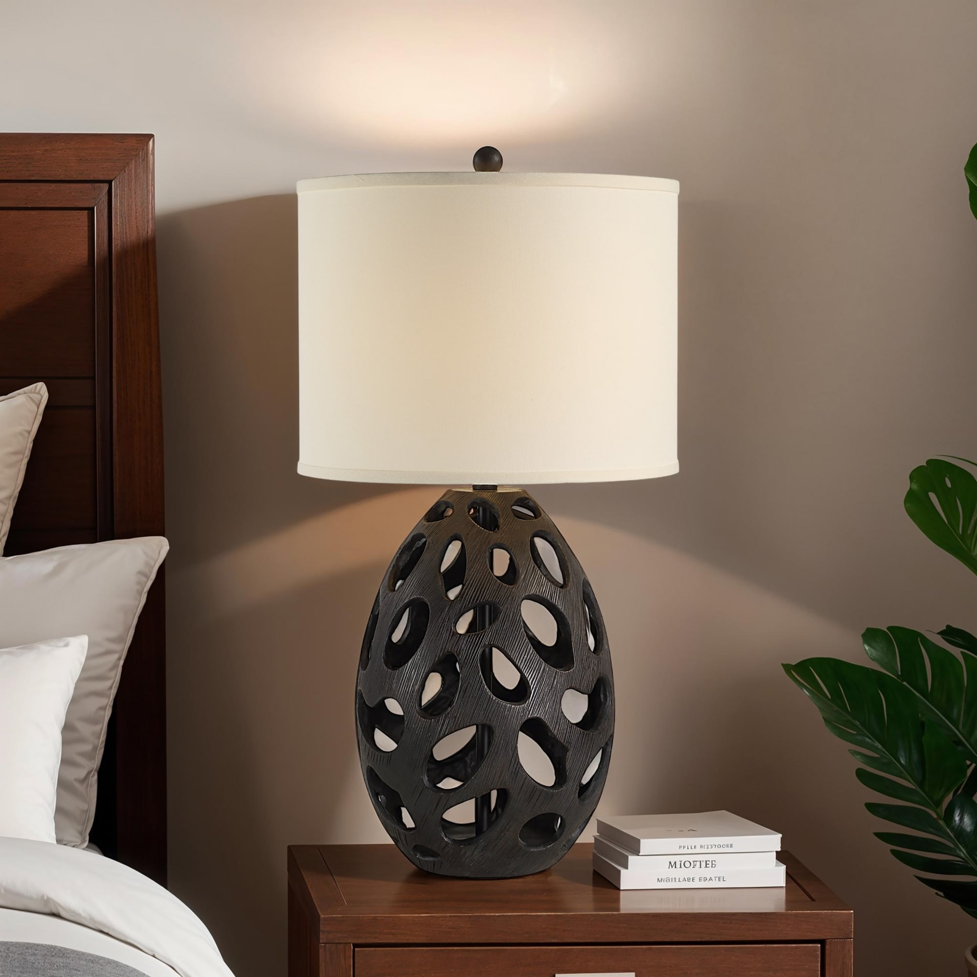 Oval Cutout Table Lamp with Cream Drum Shade - 30" - Brown