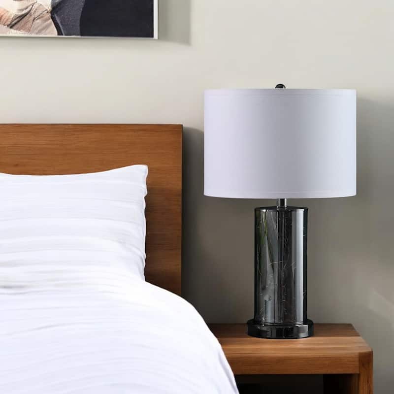 21" Contemporary Black Chrome LED Table Lamp with Crystal Base and White Drum Shade for Bedroom - 21.25"H x 13"W x 13"D