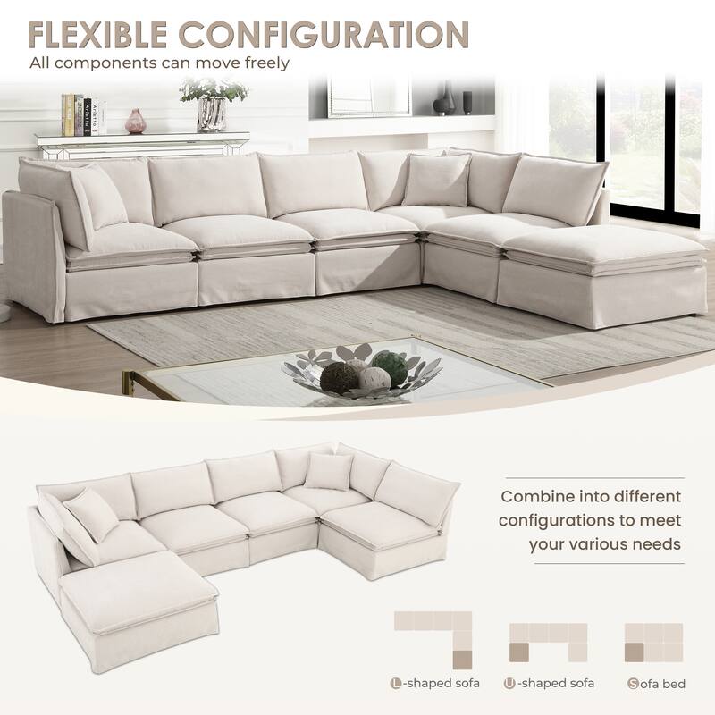 125.5" Chenille Modular 6-Seat Sectional Sofa with Movable Ottoman, Cloud Foam Cushions, and Free Combination Design