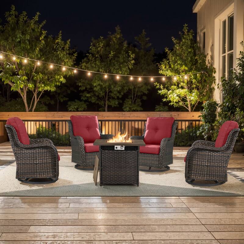 Pocassy 5 Pieces Fire Pit Table with Swivel Gilder Chairs - Brown Wicker Red Cushion - 5 Pieces Swivel Chair with Fire Table