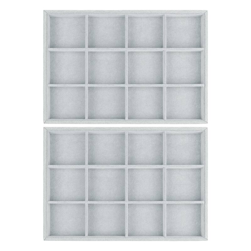 Set of 2 Stackable Velvet Jewelry Organizer Trays with Removable Dividers for Drawers, Jewelry Organizer Inserts Container - 12 Grid Tray