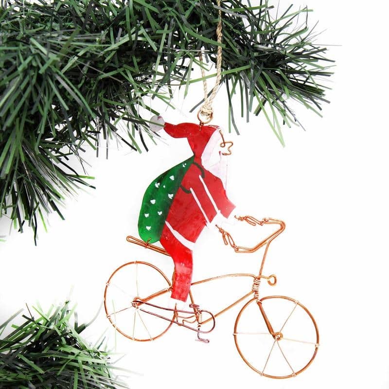 Handmade Recycled Wire Bike Riding Santa Ornament, Set of 2