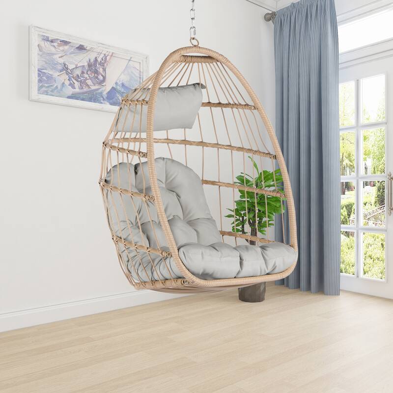 Outdoor Garden Rattan Egg Swing Chair, Hanging Chair Wood with Waterproof Cushions, Galvanized Steel Frame for Patio, Garden