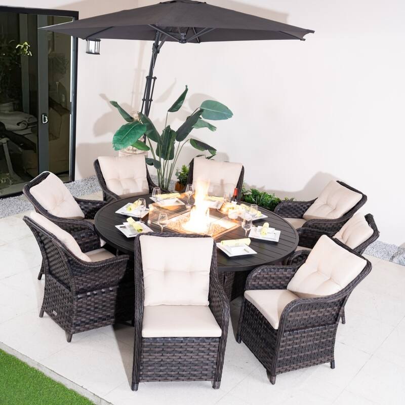 Modern 9-piece Aluminum Round Fire Pit Table Set with 8 Chairs for Patio