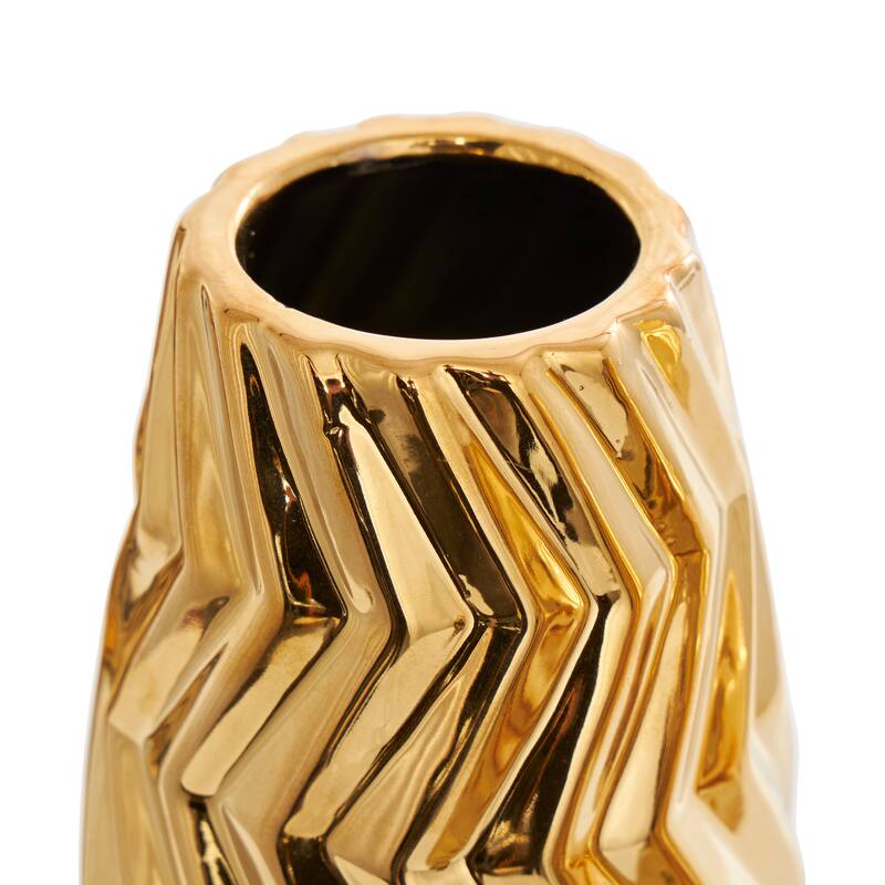 Gold Ceramic Dimensional Chevron Textured Decorative Vase with Varying Shapes (Set of 3)