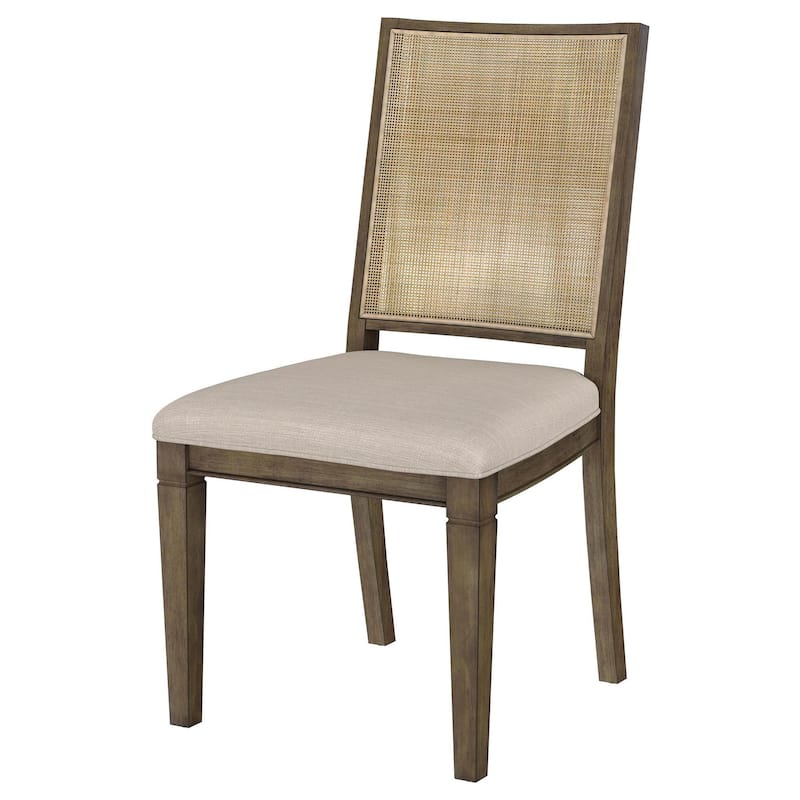 Andy Dining Side Chair Set of 2, Woven Rattan, Gray Fabric, Brown Wood