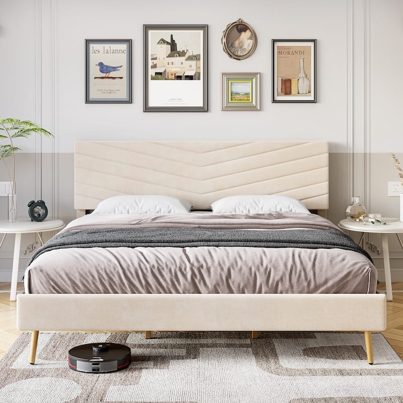 Bed Frame with Adjustable Headboard - Beige - King