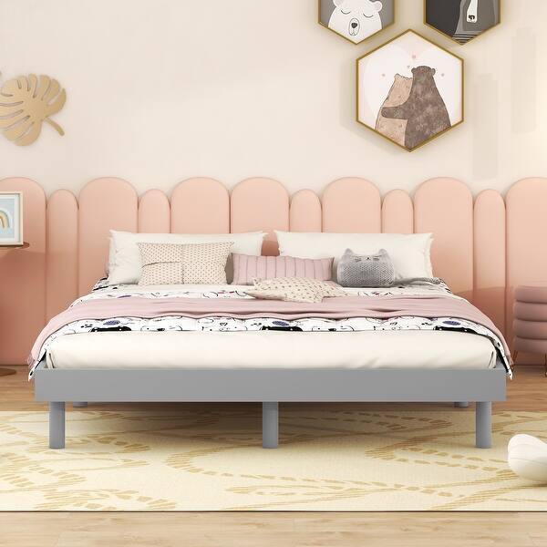 slide 2 of 6, Wooden Full Platform Bed Frame for Kids Teens Adults, Full Size Bedframe with Solid Wood Slats Support, Not Included Headboard Grey - Full