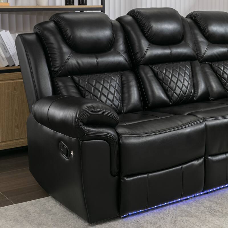 Home Theater Seating Manual Recliner Chair with Center Console and LED Light Strip for Living Room, Black