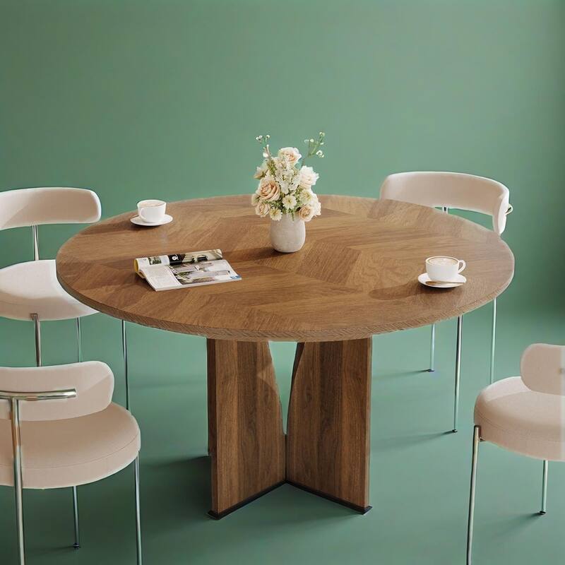 Wood Farmhouse Round Dining Table for 4 People with Sturdy Legs - 39.37 L x 39.37 W x 29.53 H in