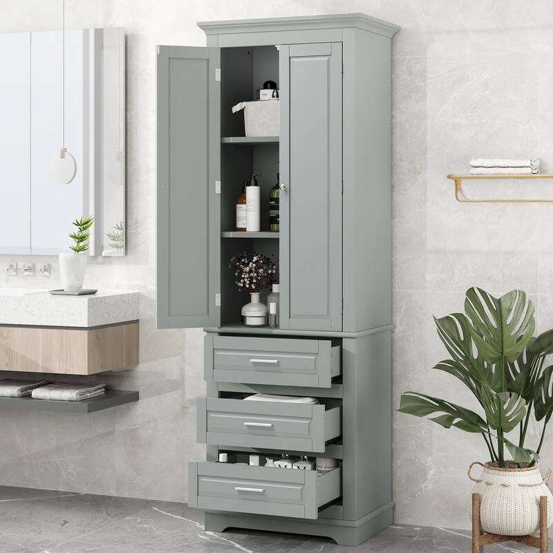 Tall Storage Cabinet with 3 Drawers, Bathroom & Office Organizer with Adjustable Shelves - Grey