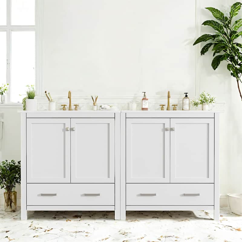 60" White Modern Bathroom Vanity Set, Double Sink Separate Vanities - White