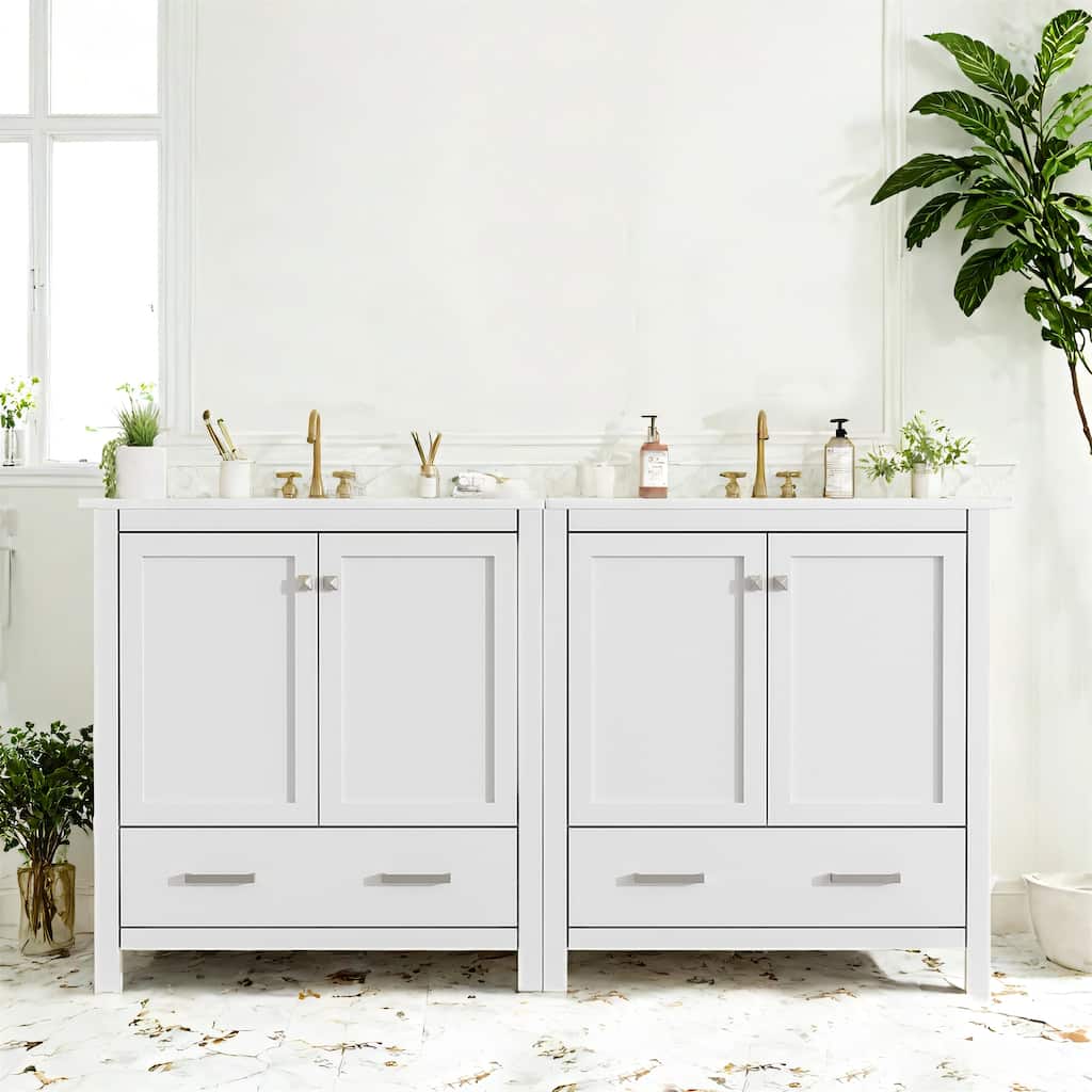 60" White Modern Bathroom Vanity Set, Double Sink Separate Vanities