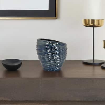 Avery Round Modern Vase, Spiral Turned Design, Blue Ceramic 17 Inch