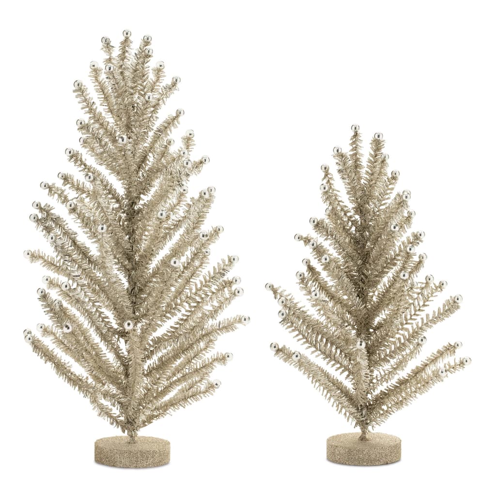 Silver Plastic MDF Pine Tree Set of 2 with Glitter and Ornament Accents - 12” x 12” x 17.5” (L x W x H)