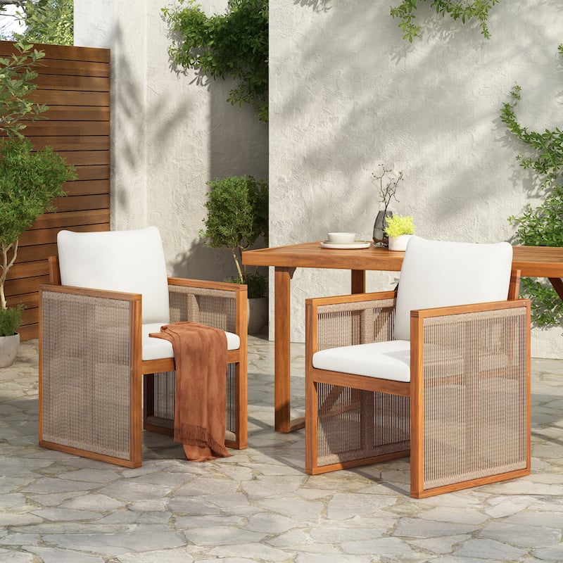 Christopher Knight Home - Valmont Modern Outdoor Acacia Wood Dining Arm Chair with Rope Back & Washable Cushion, Set of 2 - Cream,Teak+ Beige