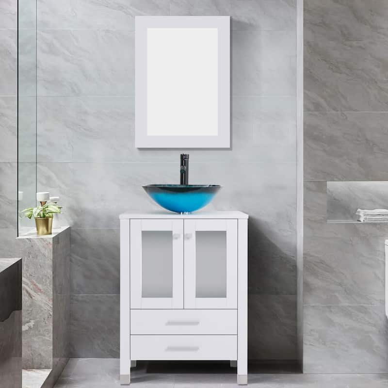 24" Bathroom Vanity with Sink Set Storage Cabinet Combo - White - W-Glass turquoise sink