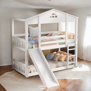 Twin over Twin House Bunk Bed with Convertible Slide and Ladder, White ...