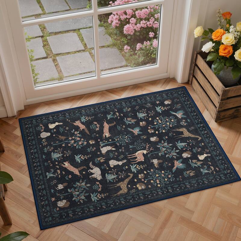 Mcow Woodland Friends Animal Print Low-Pile Machine-Washable Area Rug