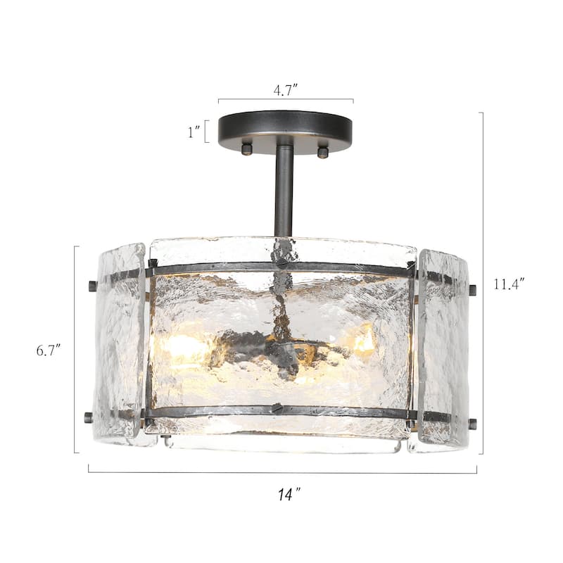 14inch Gray Art Decor Drum Semi Flush Mount Light Waterfall Glass 3-light Ceiling Light for Hallway