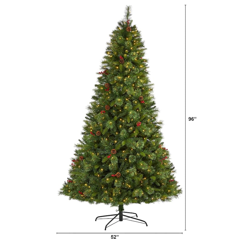 8Ft Artificial Christmas Tree with Lights - Holiday Spruce Tree, Pine Cones & Berries - Festive Home Decor - Green - 96