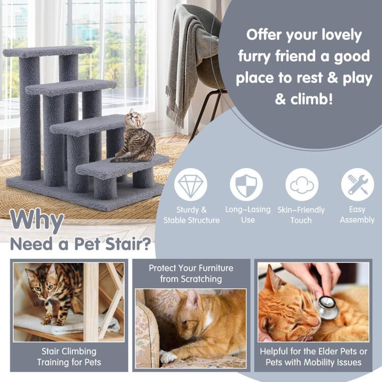 4-Step Pet Stairs Carpeted Ladder Ramp Scratching Post Cat Tree Climber