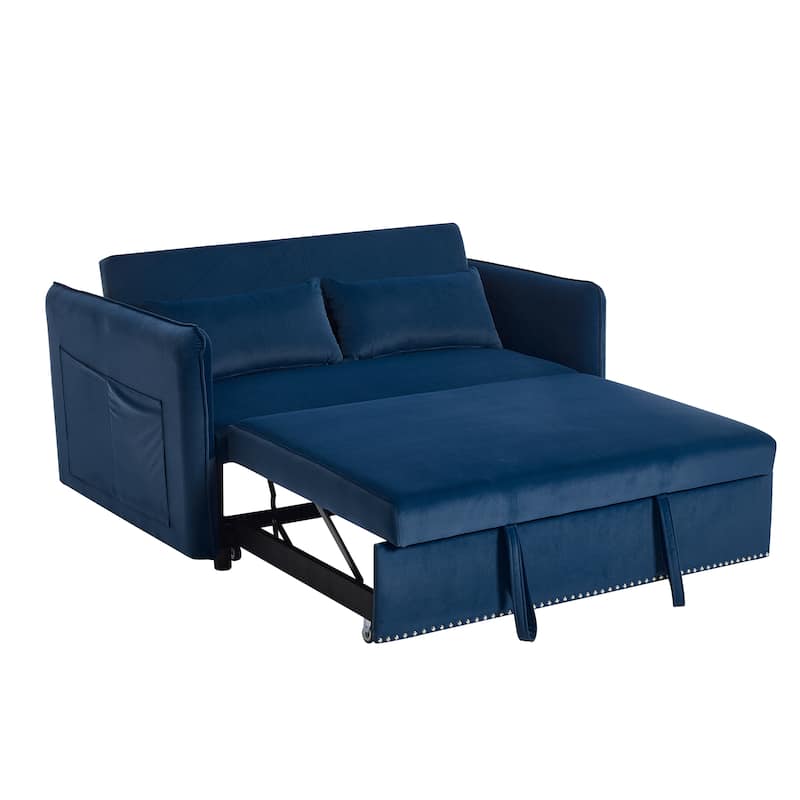 Small Convertible Sofa Bed, 55" Velvet Loveseat Couch with Pull-Out Bed, Pillows, Adjustable Backrest & Side Pockets