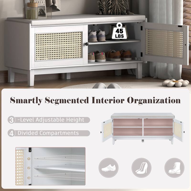 Rattan Entryway Bench Shoe Bench with Storage, Indoor Bench Lounge Bench Beige White Ottoman Window Bench