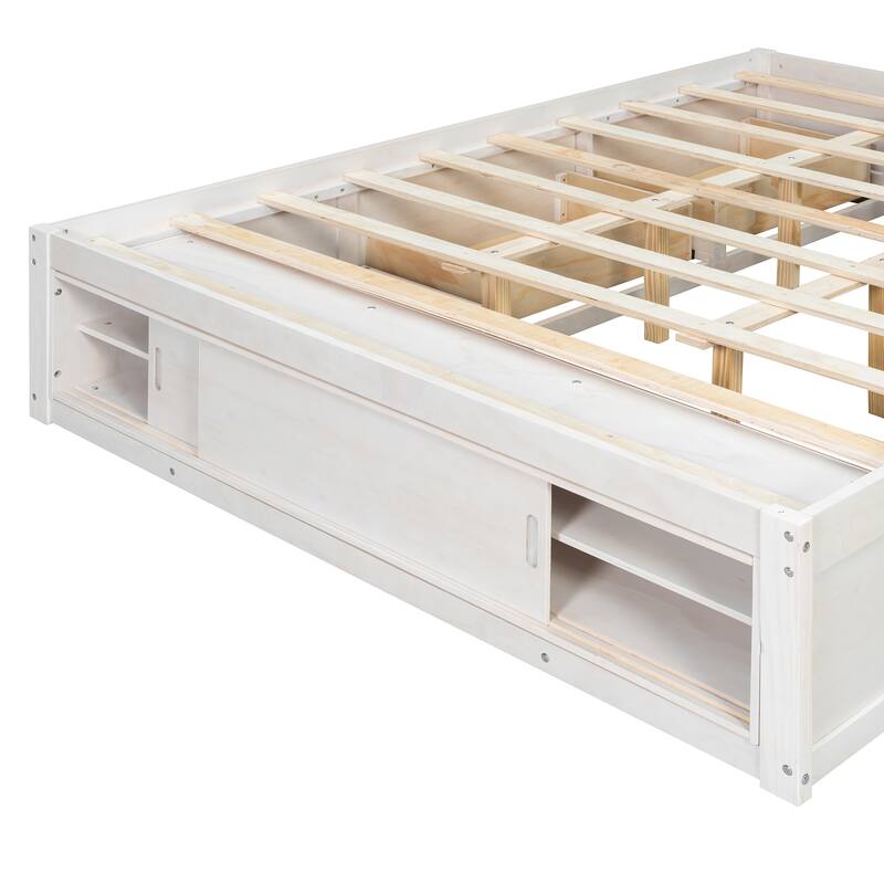 Queen Size Platform Bed Frame with 4 Storage Drawers & Footboard Cubby, No Headboard Design