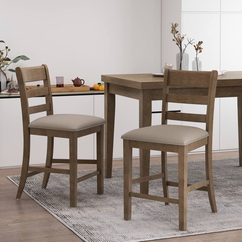 Modern Set of 2 Bar Stools with Leather Upholstered Seats, Curved Ladder Backrests, Wooden Legs, for Bar and Dining Room