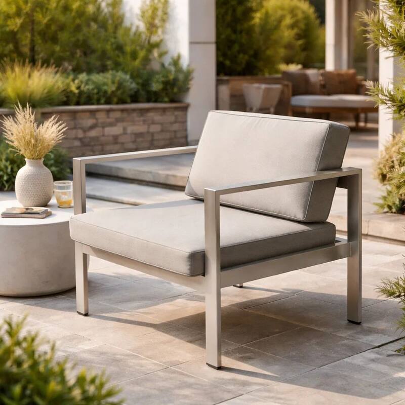 Kili 29 Inch Armchair, Sleek Silver Aluminum Frame, Water Resistant Fabric