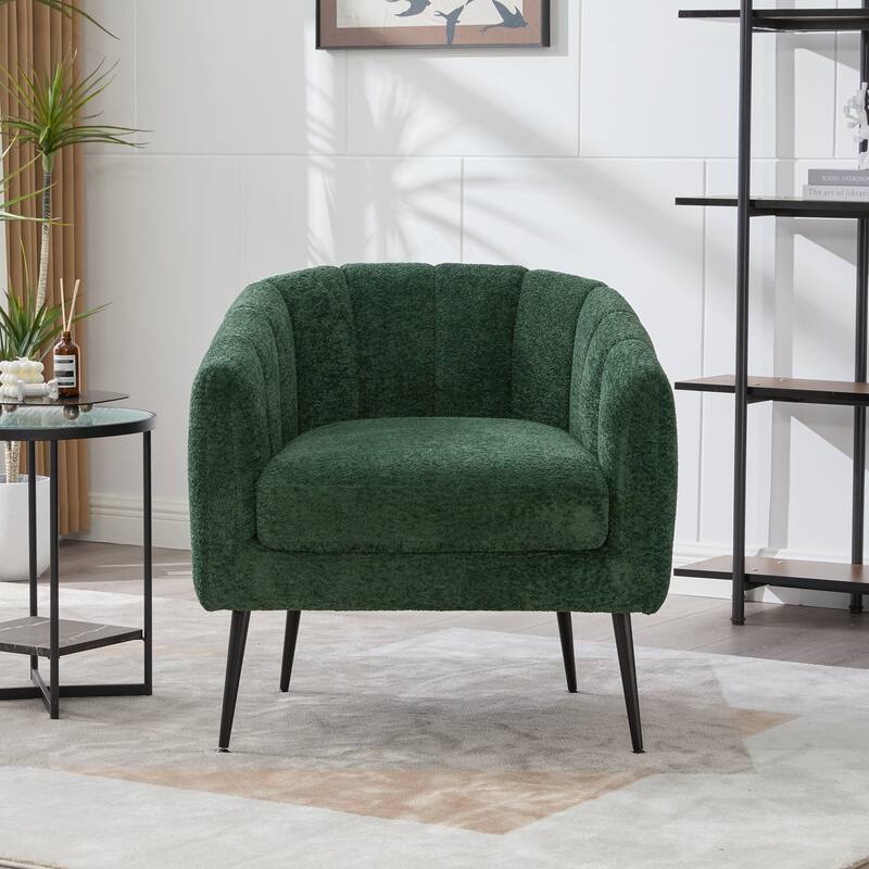 Chenille Upholstered Barrel Accent Chair, Channel Tufted Lounge Armchair, Round Reading Chair with Curved Backrest & Metal Legs