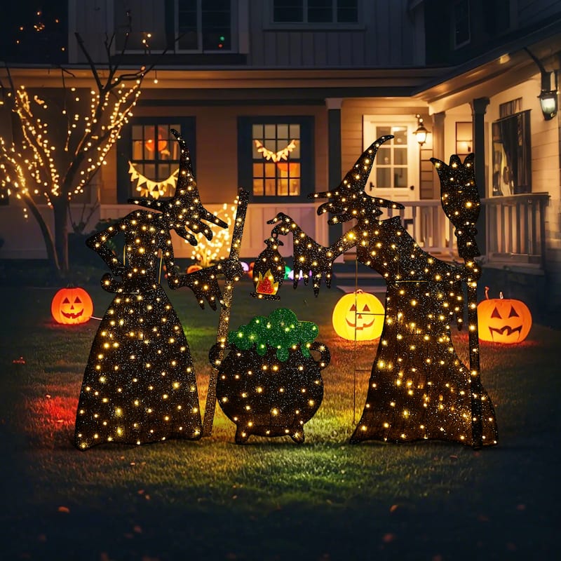 Glitzhome 5ft Set of 3 Pre-lit Halloween 3D Witches with Cauldron Outdoor Decor with 340 Warm White LED Lights
