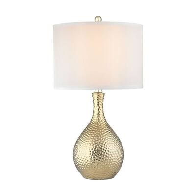 Gold Plate Gourd Table Lamp Made Of Metal With A White Faux Silk