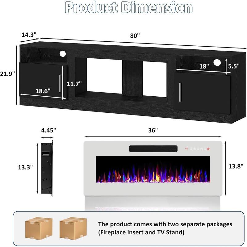 Bossin 80" Fireplace TV Stand with 36" Electric Fireplace, TV Stand for TVs Up to 90", 16 Colors LED Lights/Entertainment Center
