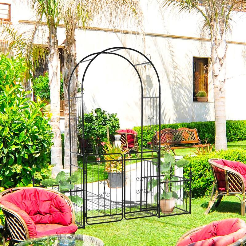 Outsunny 7.2' Metal Garden Arbor Arch Gate with 2 Side Planter Boxes, Climbing Vine Frame, & Double Door Design - Iron - Black